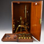 Powell & Lealand Victorian brass microscope, with screw x and y adjustment as well as a rotary