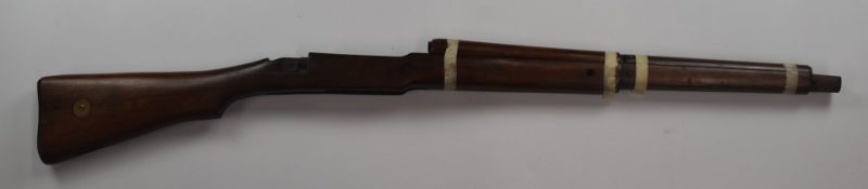 Enfield P14 bolt-action rifle stock stamped 'IE Patt'd' and other markings, with storage compartment