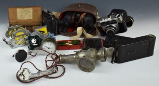 Collectables to include cameras including Kodak folding examples, Janlik 8x40 binoculars, scales,