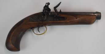 .45 flintlock hammer action pistol with engraved lock, brass trigger guard, mounts stamped 'E P