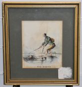 19thC watercolour caricature of a fisherman, titled below 'All Right', 16 x 13.5cm, in gilt frame