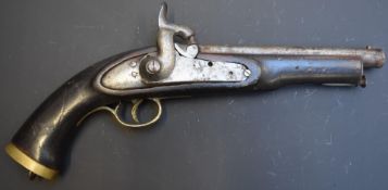 Percussion hammer action Sea Service type pistol with Cyrillic text and 1831 to the lock, brass