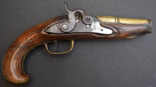 Percussion hammer action overcoat pistol with bird head grip, brass trigger guard and butt plate,