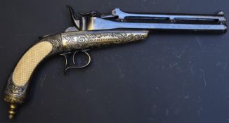 Jongen style percussion hammer action pistol with ornate decoration, faux ivory grips and 8 inch