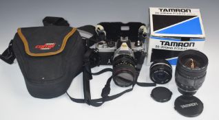 Nikon FM SLR camera with Tokina 28-70mm 1:3.5-4.5 lens and a Tamron F/3.8 28-200mm, in original box