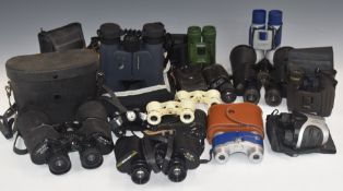 Large collection of binoculars to include Prinz 12x50, Super Zenith 20x50, Steiner 8x22, Fujian