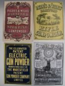 Four modern gunpowder shop display or advertising boards Pigoud & Wilks Dartford Rifle Gunpowder and
