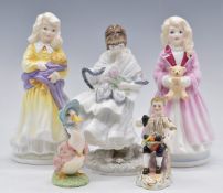 Three Royal Worcester figures, Royal Crown Derby example and a Royal Albert Beatrix Potter figure of
