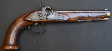 French percussion hammer action holster pistol with engraved lock, hammer, trigger guard, butt plate