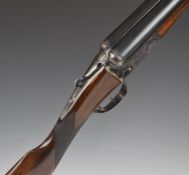AYA No.4 12 bore side by side shotgun with named and engraved locks, chequered grip and forend,