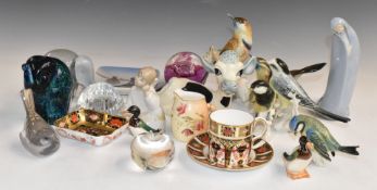 Karl Ens porcelain bird figures, Royal Crown Derby Imari 1128 pattern coffee can and saucer, pin