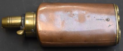 Sykes copper and brass combination powder and shot flask with two hinged compartments to the base,
