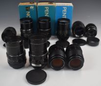 Ten SLR or similar camera lenses with M42 Praktica mounts, comprising two Carl Zeiss Jena MC S 1:3.5