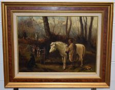 19thC oil on canvas of a shooting party in woodland with loader, pony and dog, signed Hardy, 28 x