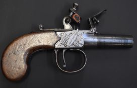 Lancaster of London flintlock pocket pistol with named and engraved locks, thumb slide safety and