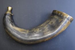 Large brass mounted horn cannon powder flask with slide compartment for flints and engraved