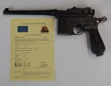Deactivated WW1 German C96 'Broomhandle' Mauser semi-automatic pistol with wooden grips,