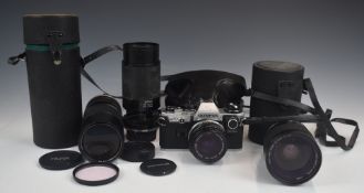Olympus OM10 35mm SLR camera with 1:1.8 50mm lens and further lenses comprising Hoya 28-85mm 1:4,