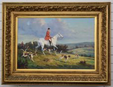 Large oil on canvas of a huntsman on a grey with hounds, 97 x 127cm