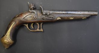 Eastern double barrelled side by side pistol flintlock pistol with brass trigger guard and butt