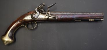 Unnamed flintlock holster pistol with line engraved hammer, metal tipped wooden ram-rod, vacant