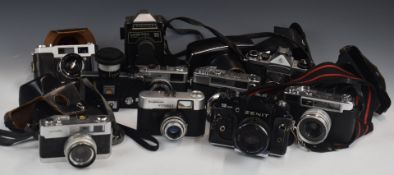 Collectable cameras comprising Praktica Lubitel 166 TLR, Zenit 12XP SLR with Helios 2/58 lens, Asahi