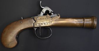 Percussion converted from flintlock hammer action pistol with engraved brass lock, thumb slide