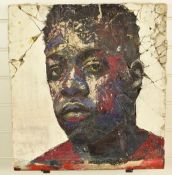 Modern / industrial portrait of a man on plaster/render with wooden frame, inscribed verso