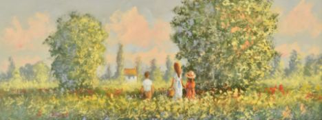D Short oil on board children walking amongst flowers, signed lower left, 15 x 38cm, in gilt frame