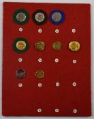 Nine vintage hunt/hunting buttons mounted on a felt covered display board including Cambridgeshire