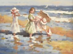 Impressionist oil on canvas girls on a beach, 29 x 39cm, in ornate gilt frame
