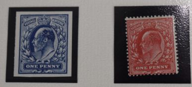 The Harrington & Byrne KE VII imperf trial stamp and one penny red pair, in presentation folder with