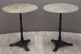 Pair of marble topped cast iron circular side tables, diameter 60, height 72cm