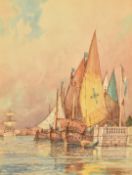 Frederick James Aldridge (1850-1933) watercolour maritime study boats beside a dock 'Venice',