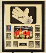 Gordon Banks signed goalkeeper's glove and photograph montage, framed and glazed with certificate of