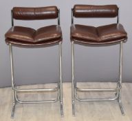 Pair of brown faux leather and chrome bar stools, H85cm