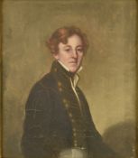 19thC oil on canvas portrait of a gentleman, 20 x 17cm, in ornate gilt frame, with period details