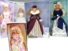 Five Barbie dolls comprising Blushing Bride, Winter Velvet, Flower Mania, Ice Skater and Spring