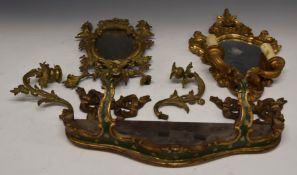 19thC gilt metal wall mirror with twin candle holders, H46cm