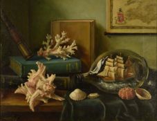 Constance Cooper (1905-1988) oil on canvas still life study of coral, shells and a ship in a bottle,