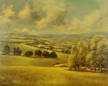Jesse Heydon (1900-2000) oil on canvas horses in extensive landscape, 'Fish Hill, Broadway,