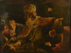 After Rembrandt, oil on panel Belshazzar's Feast, 14 x 19cm, in ornate gilt frame, overall size 29 x