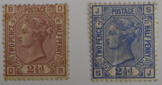 1873-83 2½d rose pl 14 mint no gum & 2½d blue pl 23 with gum (small faults).