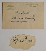 Stan Laurel and Oliver Hardy autographs on a Royal Beach Hotel Southsea postcard and a Gracie Fields