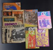 Eleven OZ, Friends and International Times underground magazines comprising OZ volumes 9, 25, 26,