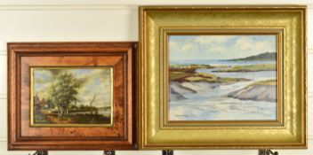 Ross Stefan oil on panel lady walking on a path beside a canal or river, signed lower left, 12 x