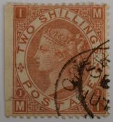 1867-80 QV SP scarce 2s. brown SG121 pl 1 used cut wing margin.