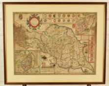 John Speede hand coloured map, The North and East Ridins of Yorkshire, performed by John Speede, and