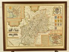 John Speede replica hand coloured map of Gloucestershire 39 x 52cm, in double sided glazed frame