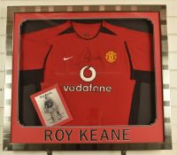 Roy Keane signed Manchester United football shirt and photograph montage, framed and glazed with